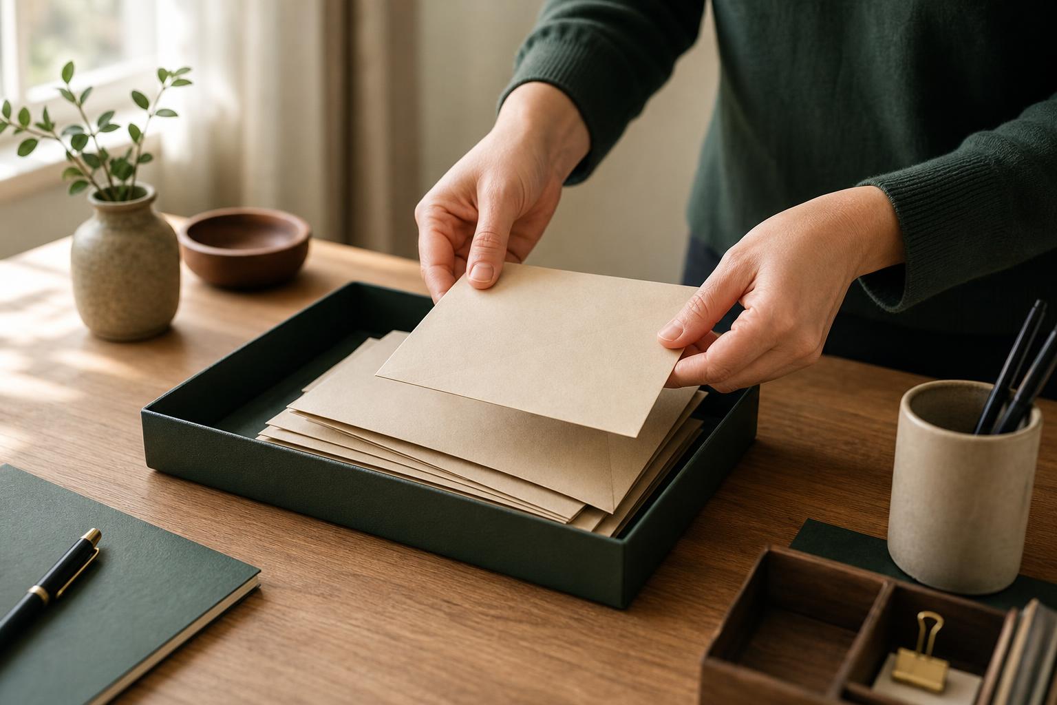 Illustrative close-up of hands organizing business correspondence.